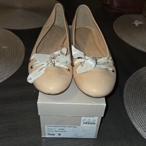 J. Crew Factory Tan Leatherette Flats with Cream Ribbon
